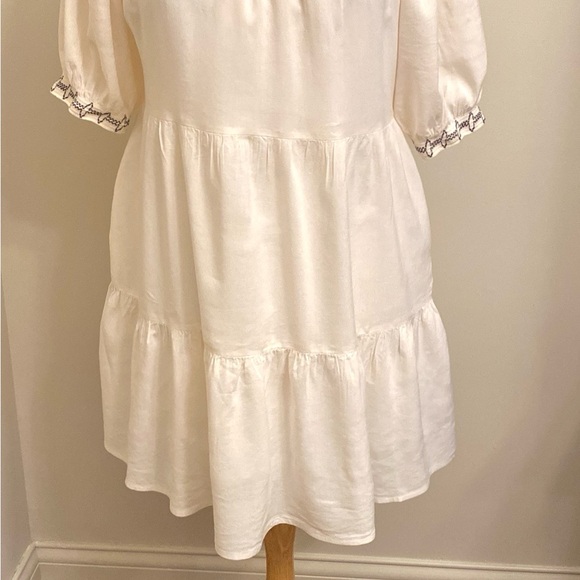 2/$30 Old Navy Cream Smocked Embroidered Short Puff Sleeves Tiered Mini Dress S - Picture 3 of 16